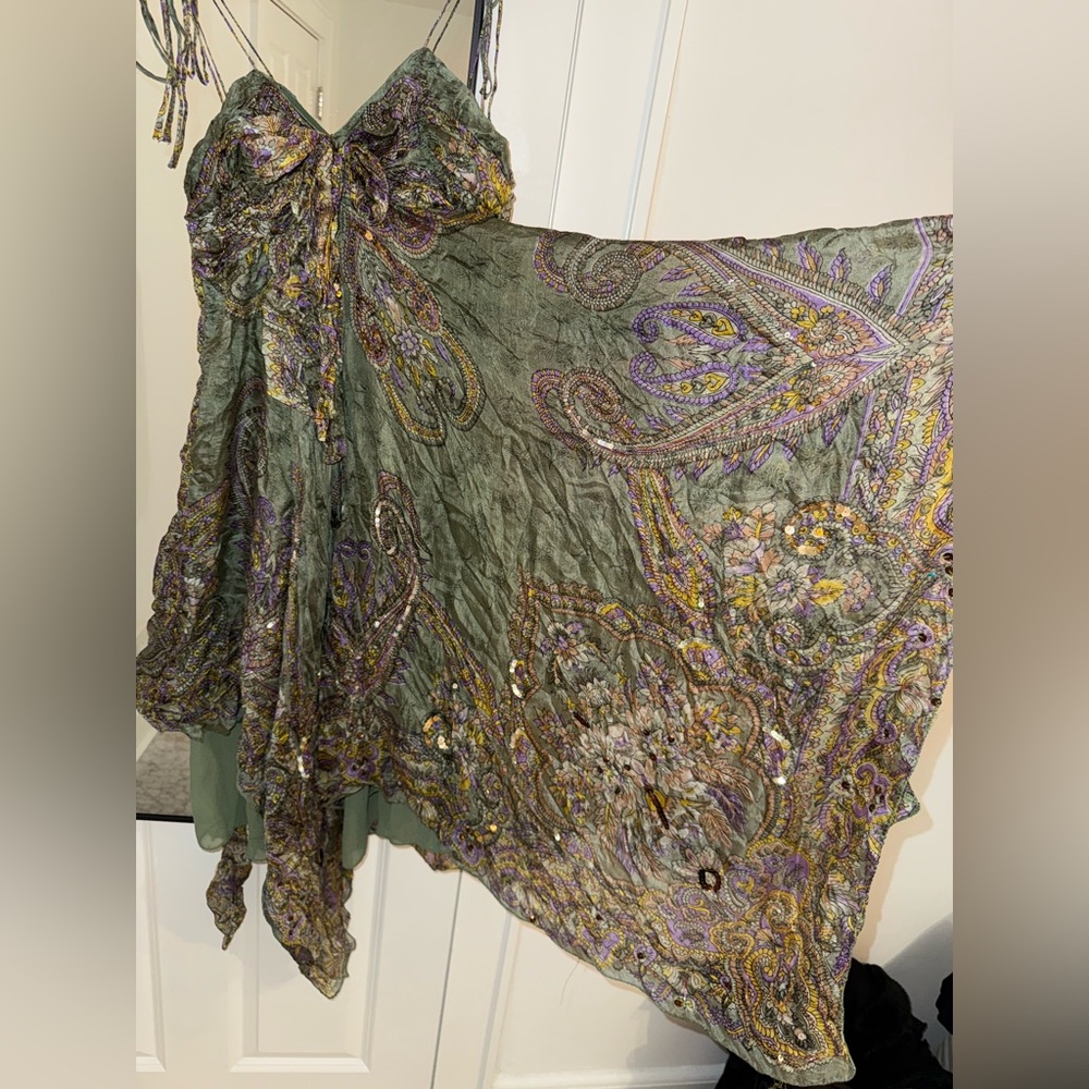 Vintage 90s silk paisley green fairy dress - Picture 4 of 12